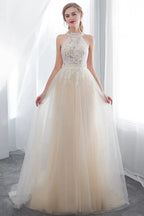 Long A-line Halter Appliques Lace Tulle Evening Dresses