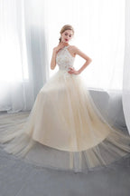 Long A-line Halter Appliques Lace Tulle Evening Dresses
