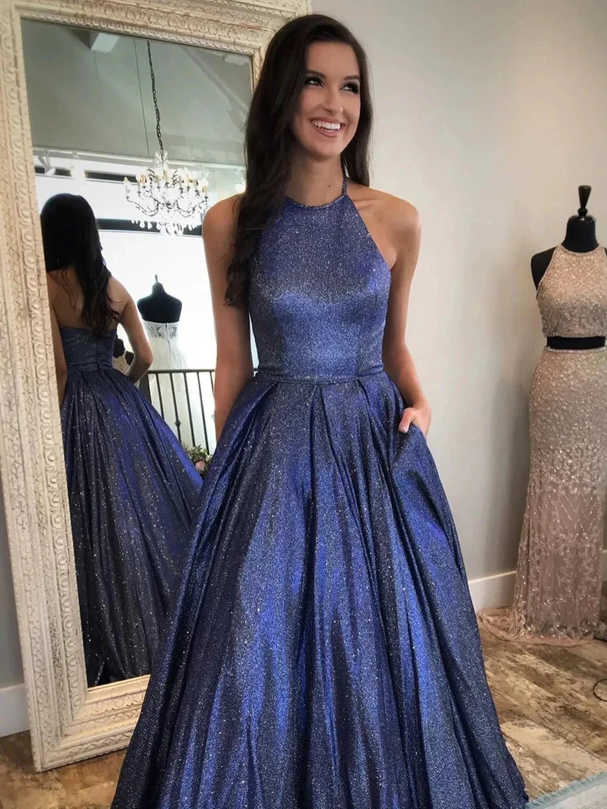 Long A-line Halter Backless Formal Graduation Prom Dresses with Pockets