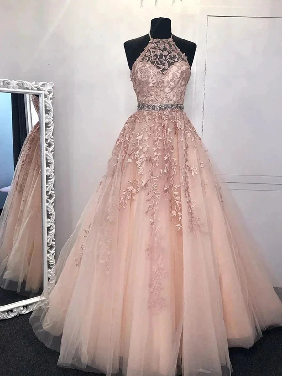 Long A-line Halter Backless Tulle Lace Formal Prom Dresses