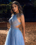 Long A-Line Halter Beading Sequins Tulle Backless Prom Dress