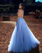 Long A-Line Halter Beading Sequins Tulle Backless Prom Dress