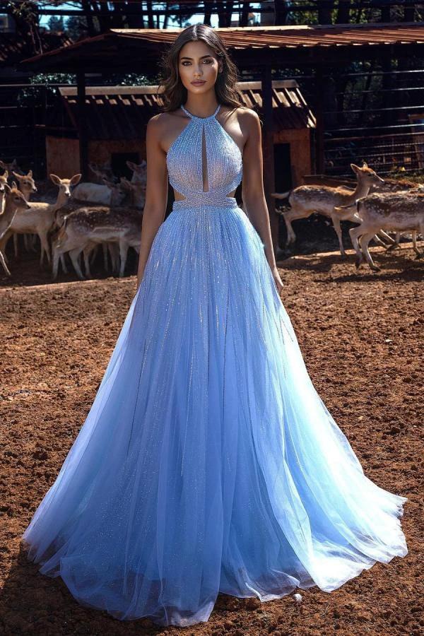 Long A-Line Halter Beading Sequins Tulle Backless Prom Dress