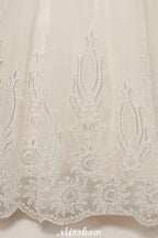 Long A-line High Neck Lace Appliques Short Sleeves Wedding Dresses with Lace-up