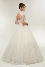 Long A-line High Neck Lace Appliques Short Sleeves Wedding Dresses with Lace-up
