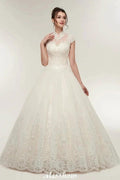 Long A-line High Neck Lace Appliques Short Sleeves Wedding Dresses with Lace-up