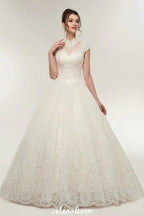 Long A-line High Neck Lace Appliques Short Sleeves Wedding Dresses with Lace-up