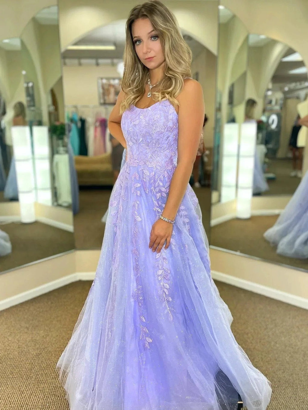 Long A-line Lace Tulle Backless Prom Dresses Purple Formal Evening Dresses