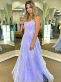 Long A-line Lace Tulle Backless Prom Dresses Purple Formal Evening Dresses
