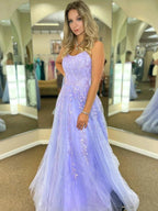 Long A-line Lace Tulle Backless Prom Dresses Purple Formal Evening Dresses