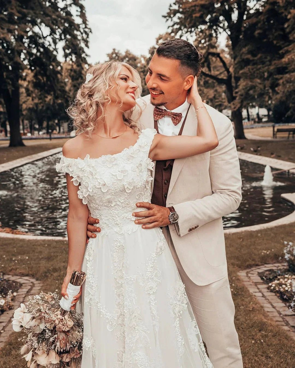 Long A-line Off-the-shoulder 3D Flroal Wedding Dress with Lace Appliques
