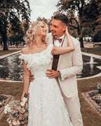 Long A-line Off-the-shoulder 3D Flroal Wedding Dress with Lace Appliques