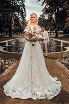 Long A-line Off-the-shoulder 3D Flroal Wedding Dress with Lace Appliques