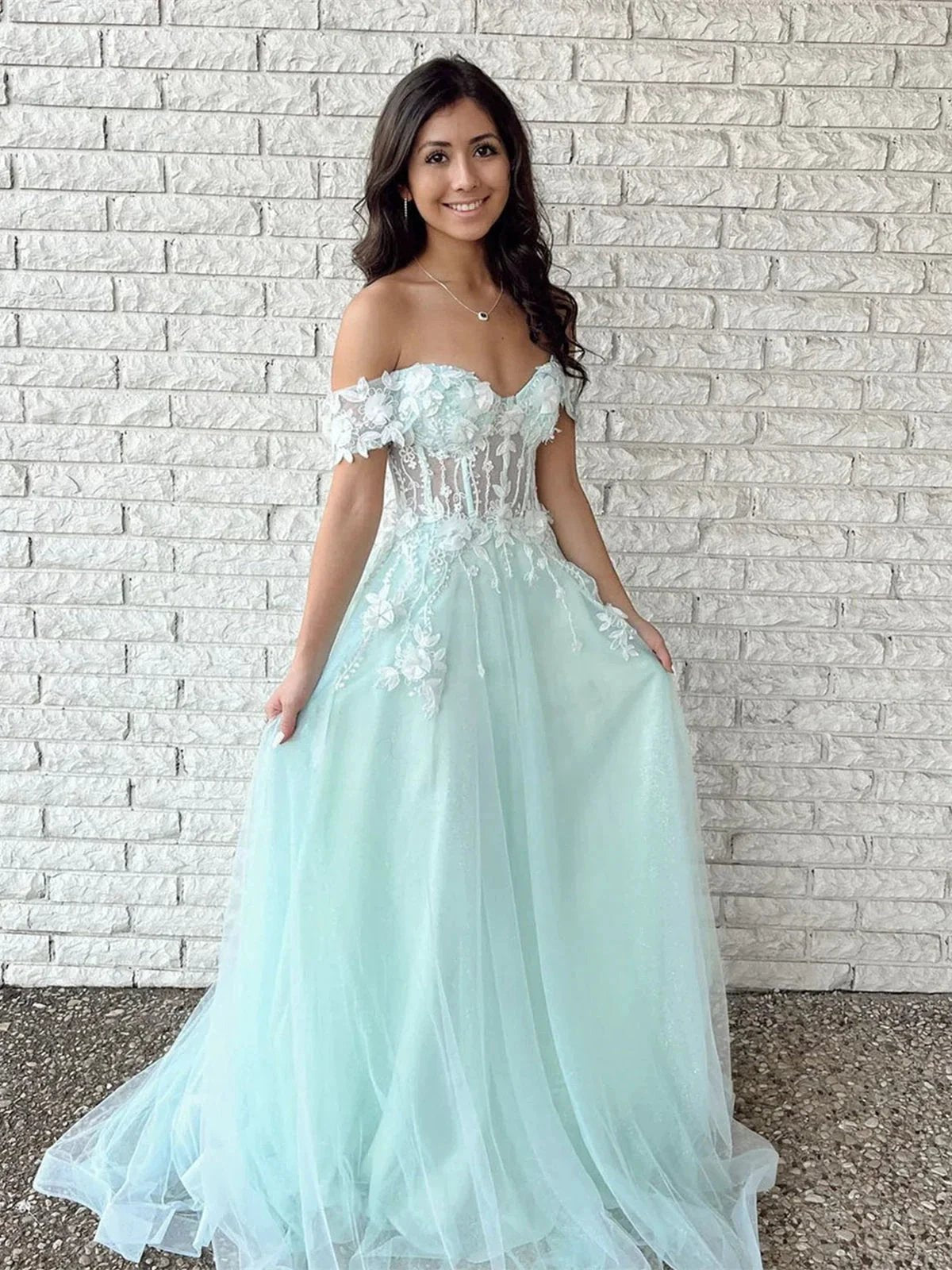 Long A-line Off the Shoulder Lace Tulle Formal Prom Dress Mint Green Graduation Evening Dresses