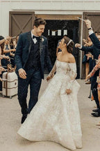 Long A-line Off The Shoulder Lace Wedding Dress With Sleeves