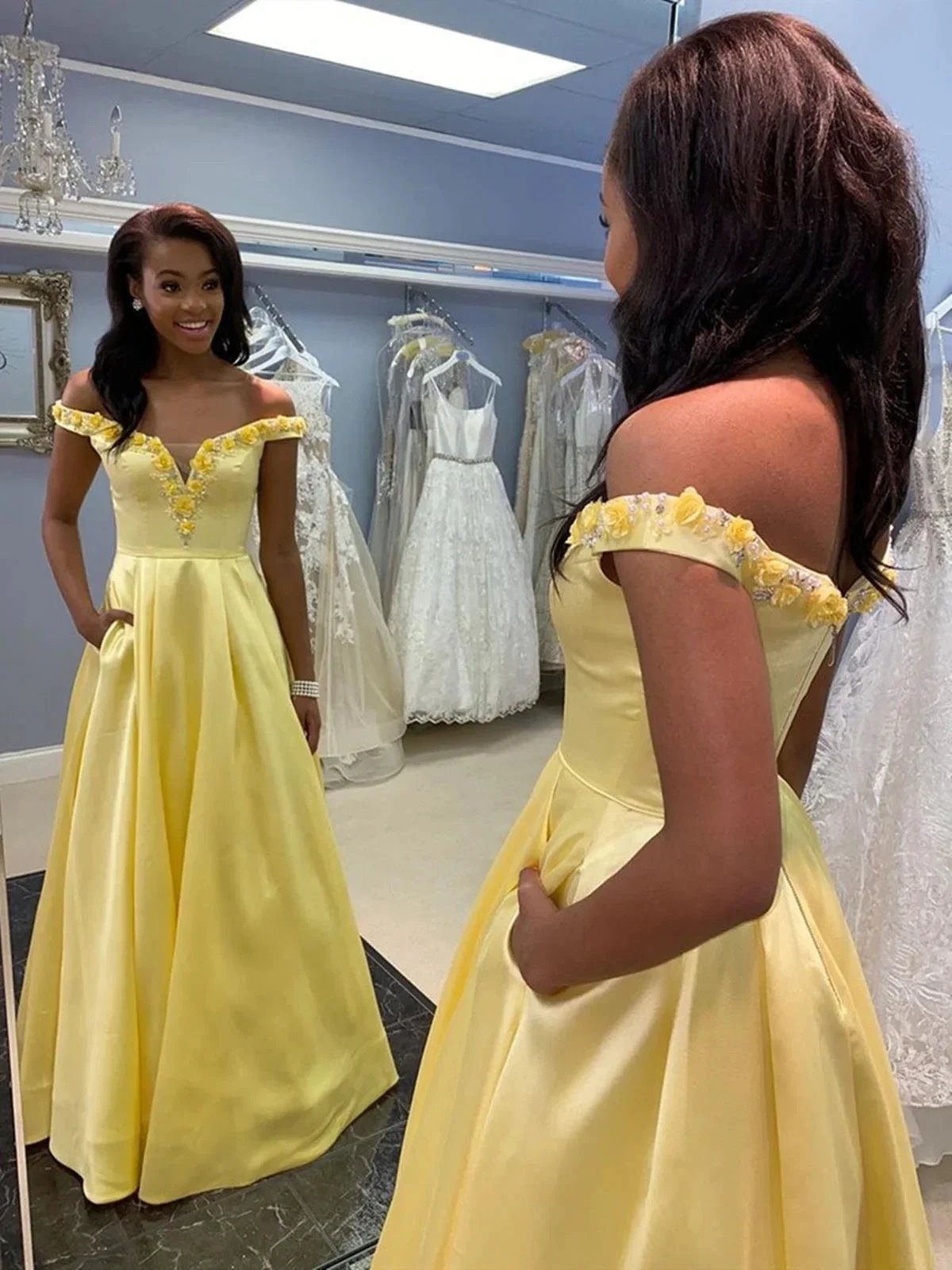 Long A-line Off the Shoulder Satin Formal Prom Dresses with Pockets