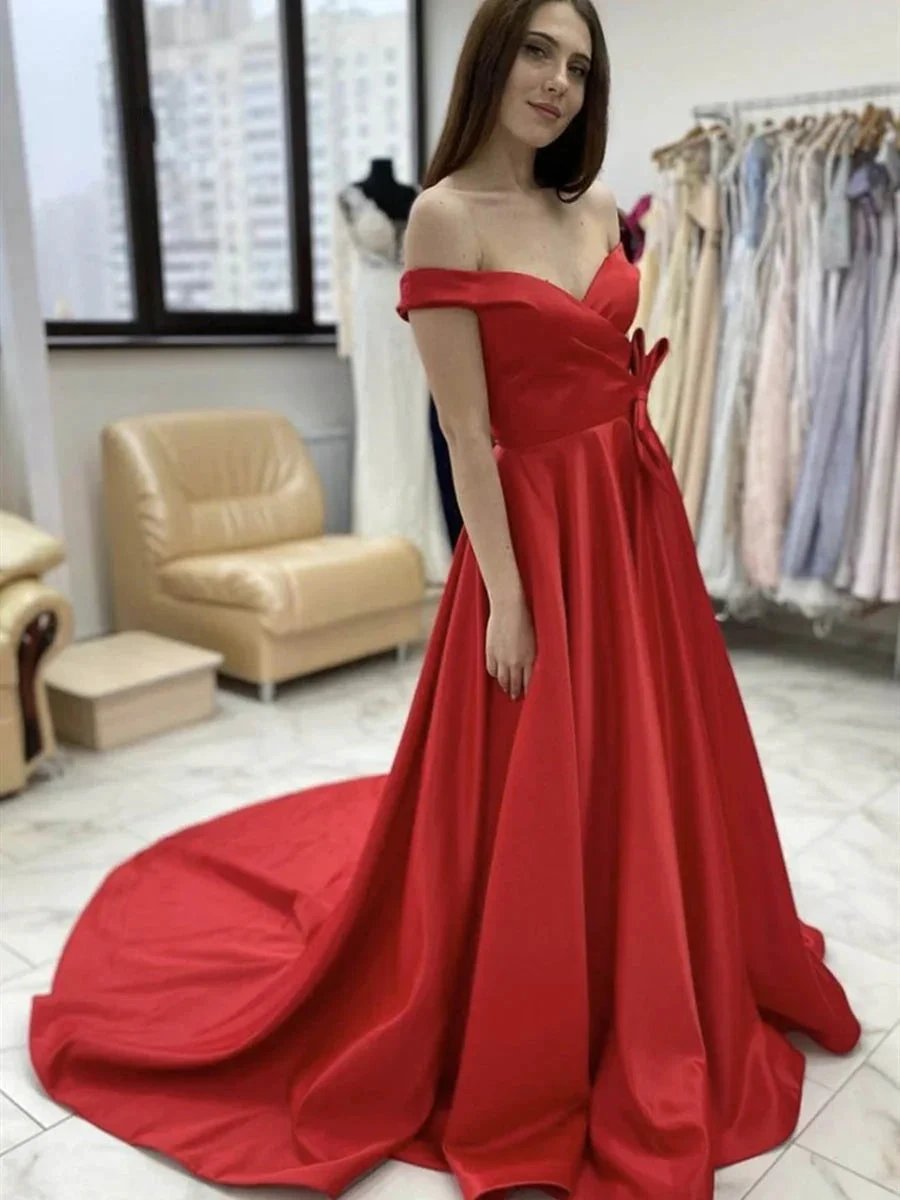 Long A-line Off the Shoulder Satin Graduation Formal Prom Dresses