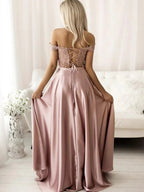 Long A-line off the Shoulder Satin Lace Two Piece Formal Prom Dresses