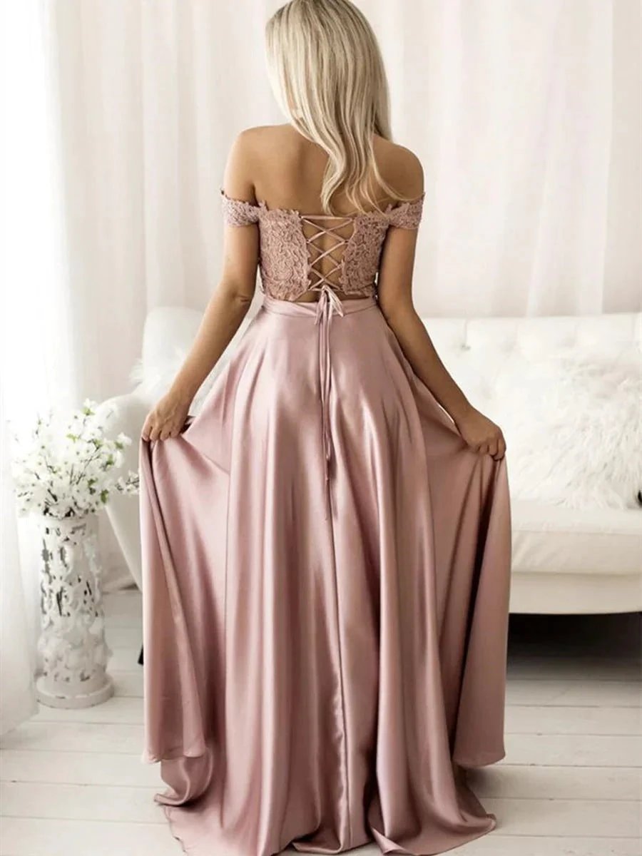 Long A-line off the Shoulder Satin Lace Two Piece Formal Prom Dresses