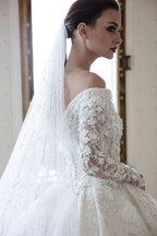 Long A-Line Off-the-Shoulder Sweetheart Backless Appliques Lace Crystal Wedding Dress with Sleeves