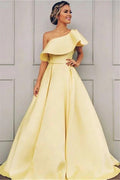 Long A-line One Shoulder Satin Yellow Prom Dress