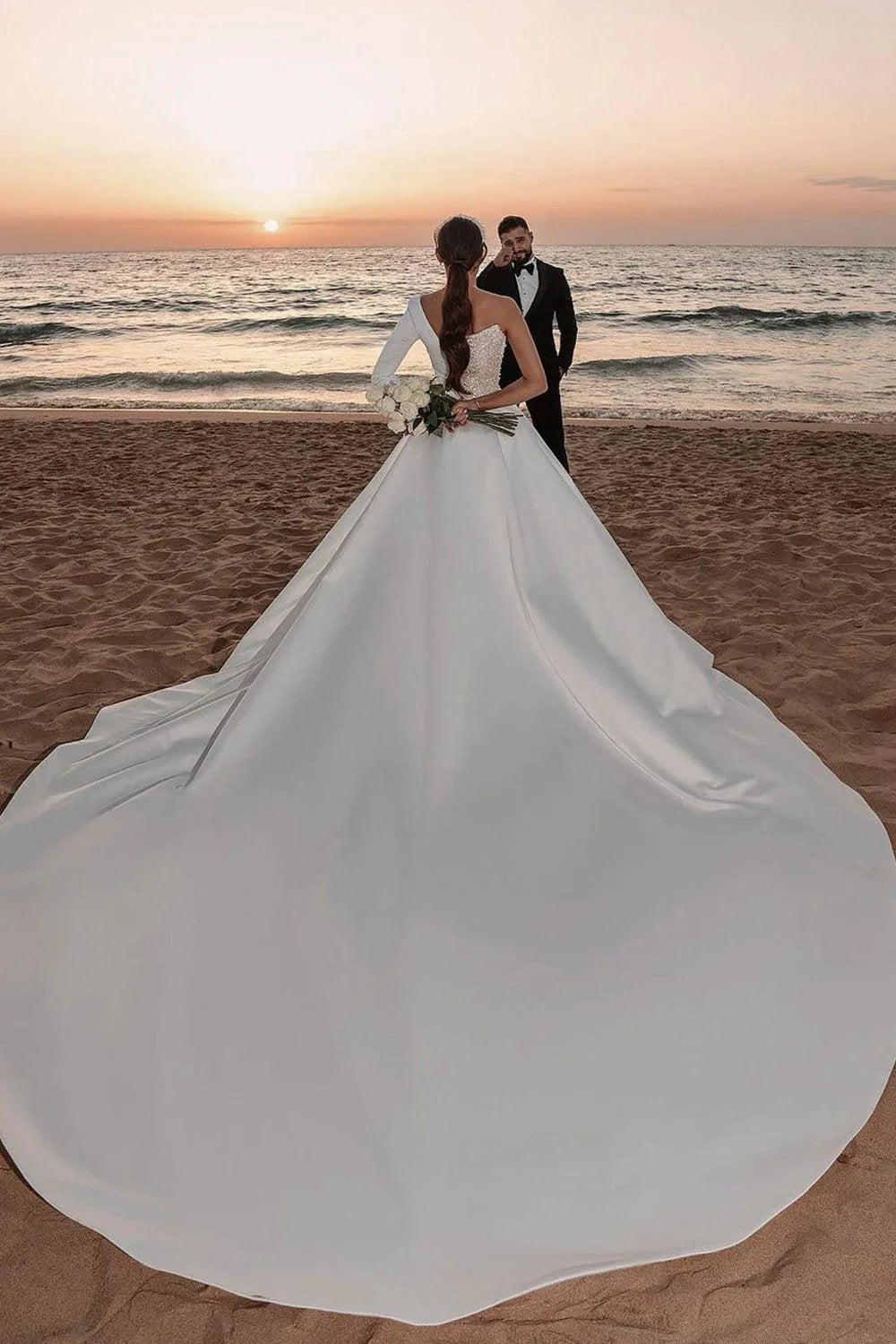 Long A-line One Shoulder Sequins Satin Wedding Dress with Sleeves