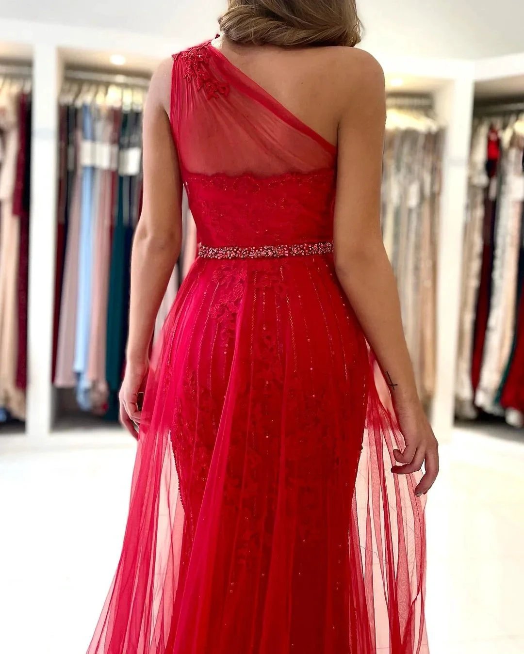 Long A-line One Shoulder Tulle Front Slit Prom Dress with Detacable Train