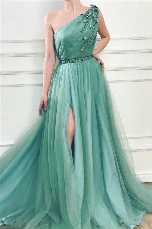Long A-line One Shoulder Tulle Prom Dress with Slit