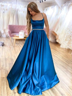 Long A-line Satin Backless Formal Prom Dresses with Belt