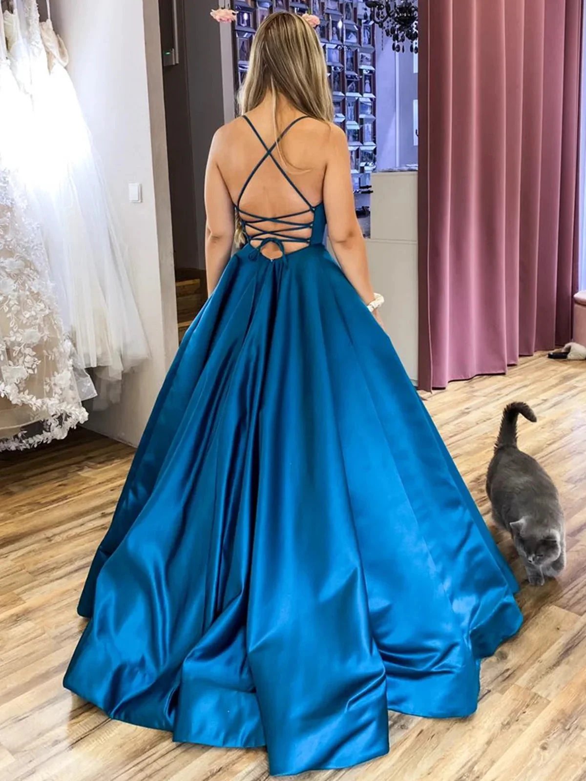 Long A-line Satin Backless Formal Prom Dresses with Belt