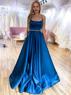 Long A-line Satin Backless Formal Prom Dresses with Belt