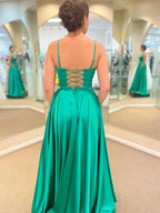 Long A-line Satin Prom Dress with Pockets Green Formal Graduation Evening Dresses with Slit