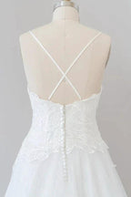 Long A-line Spaghetti Strap Applique Tulle Backless Wedding Dress