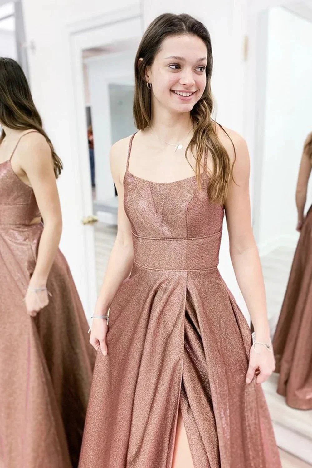 Long A-line Spaghetti Straps Backless Formal Graduation Prom Dresses with Slit