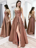 Long A-line Spaghetti Straps Backless Formal Graduation Prom Dresses with Slit