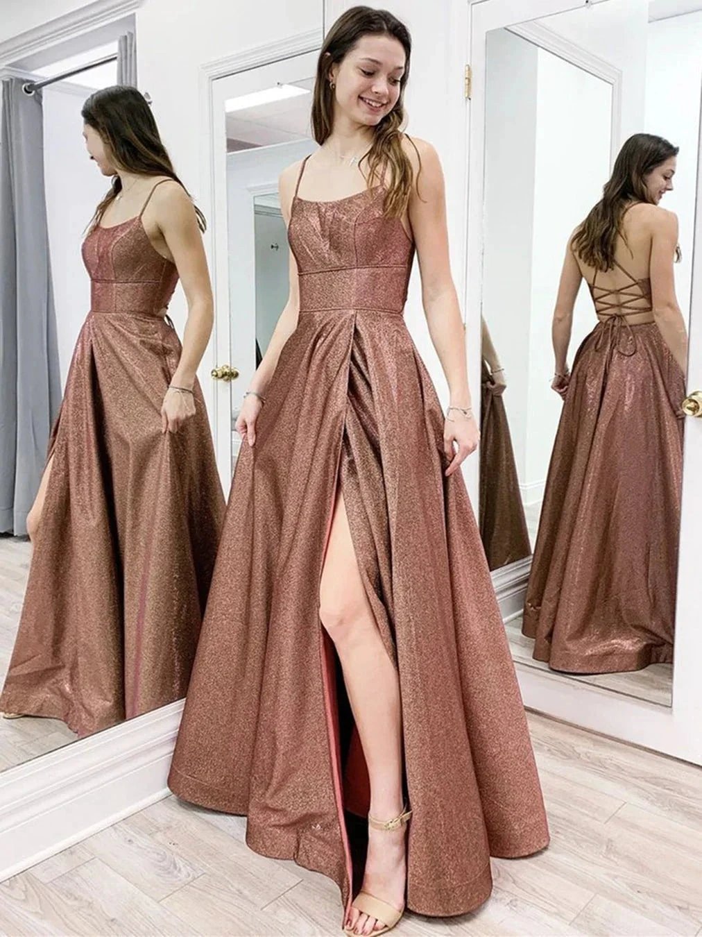 Long A-line Spaghetti Straps Backless Formal Graduation Prom Dresses with Slit