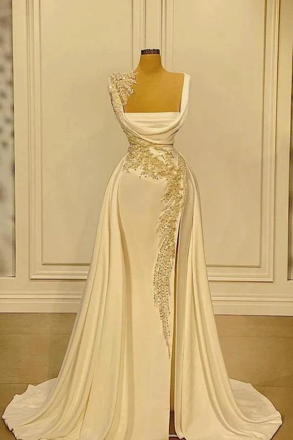 Long A-Line Square Neckline Satin Ivory Prom Dress With Slit