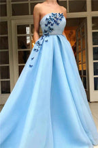 Long A-line Strapless Satin Prom Dress with pockets