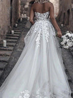 Long A-Line Strapless Sweep Brush Train Lace Tulle Sleeveless Wedding Dresses