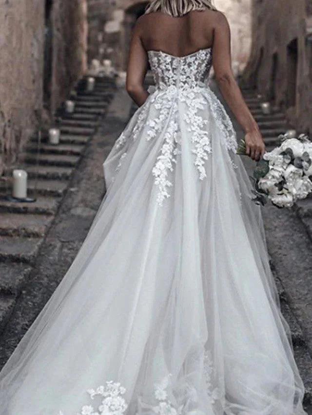 Long A-Line Strapless Sweep Brush Train Lace Tulle Sleeveless Wedding Dresses