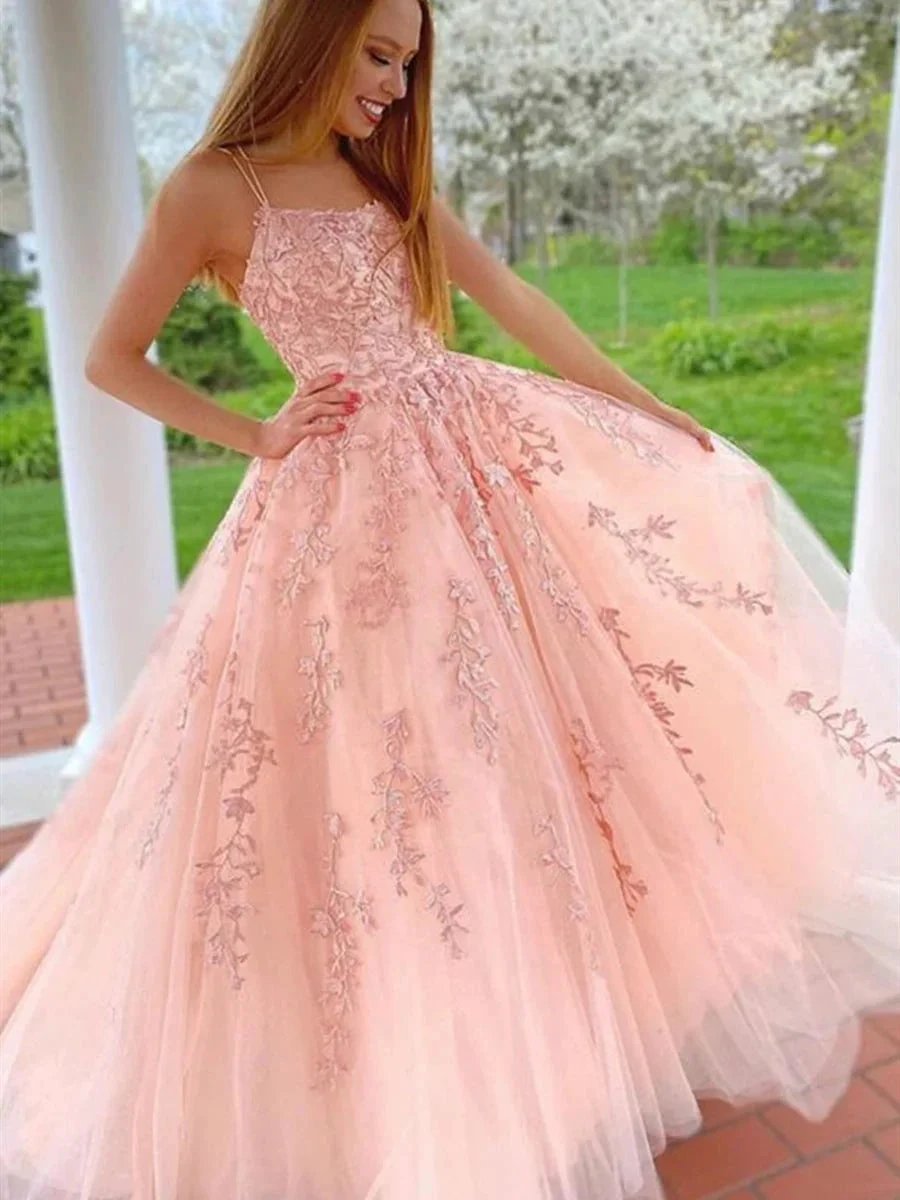 Long A-line Strapless Tulle Lace Formal Graduation Evening Prom Dresses