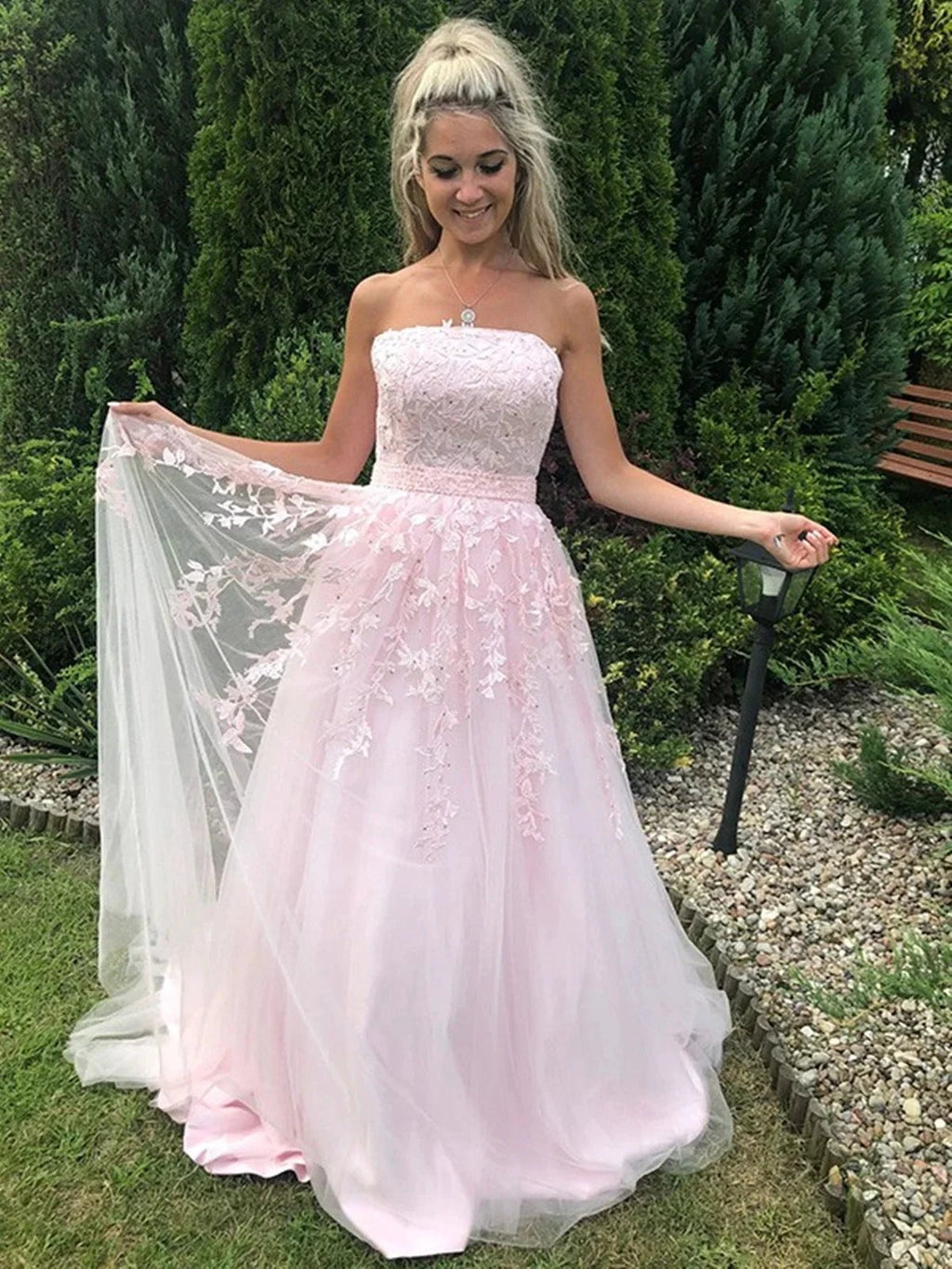 Long A-line Strapless Tulle Lace Prom Dress Pink Formal Graduation Evening Gowns