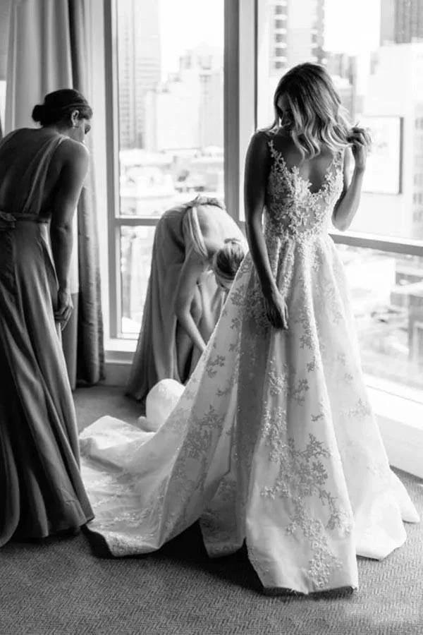 Long A-line Straps V-neck Floral Beads Tulle Backless Wedding Dress