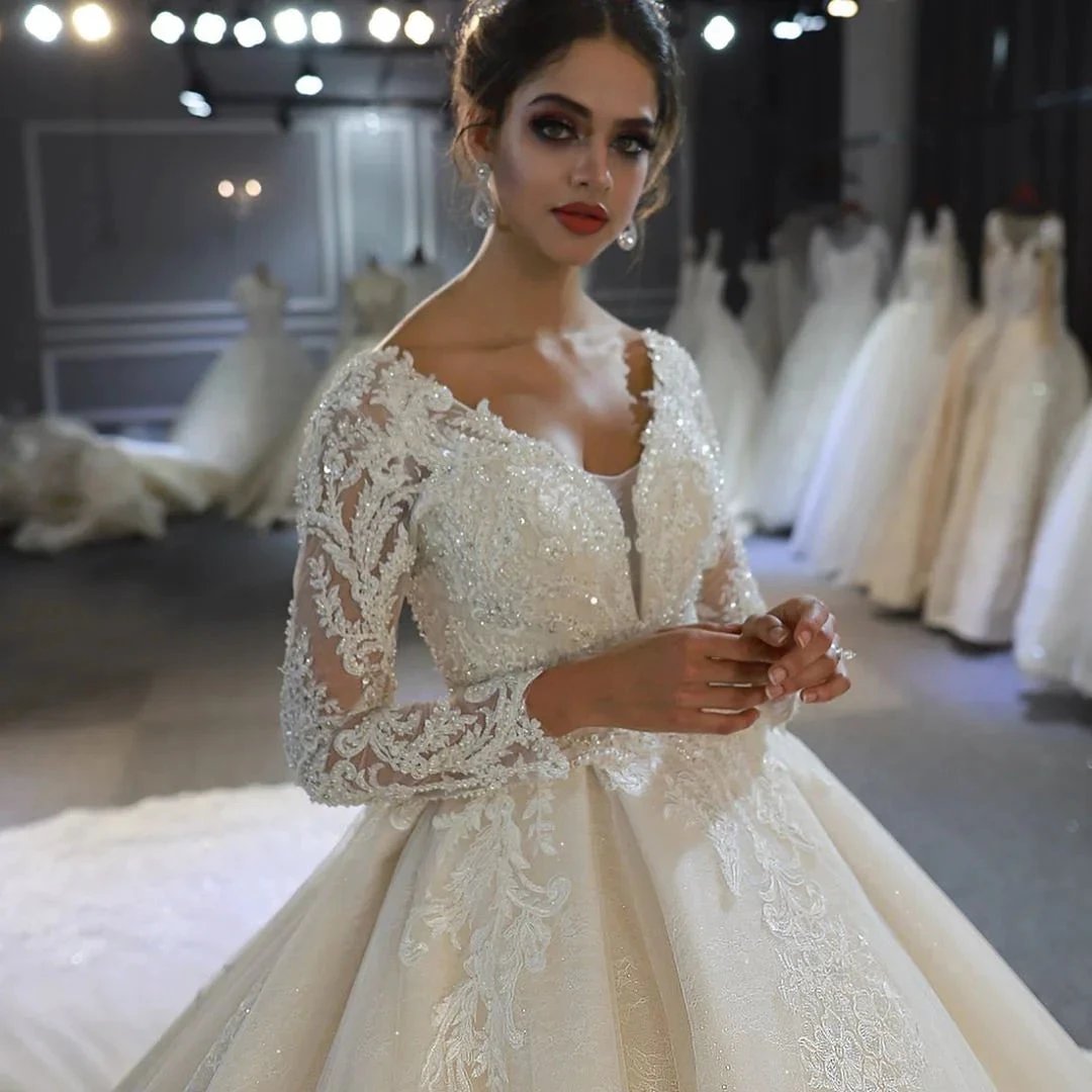 Long A-Line Sweetheart Backless Appliques Lace Sequins Wedding Dress with Sleeves