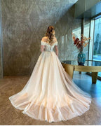 Long A-Line Sweetheart Off-the-Shoulder Backless Tulle Appliques Lace Wedding Dress