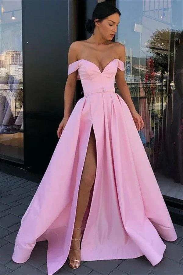 Long A-line Sweetheart Off-the-shoulder Pink Prom Dress With Slit