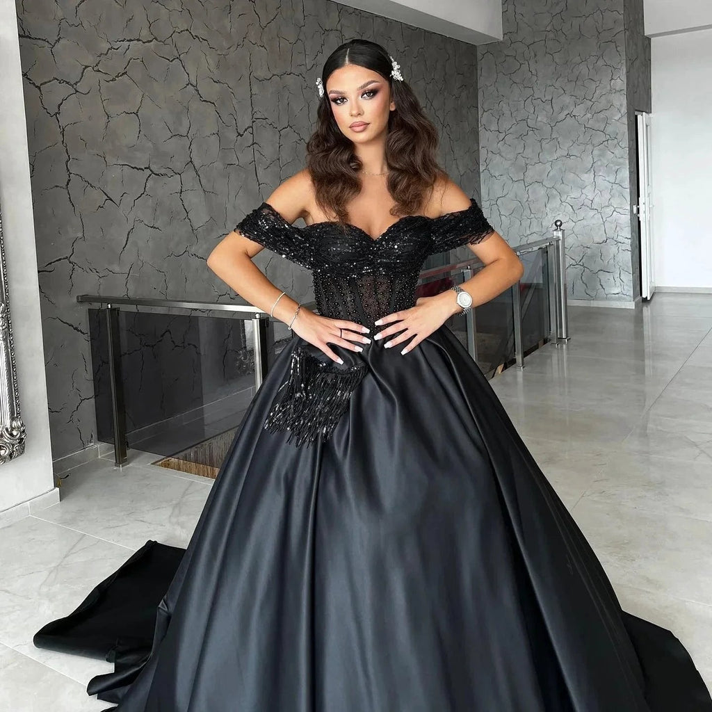 Long A-line Sweetheart Off the Shoulder Satin Black Formal Prom Dresses with Lace