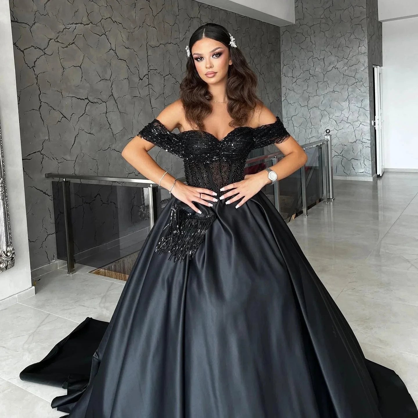 Long A-line Sweetheart Off the Shoulder Satin Black Formal Prom Dresses with Lace