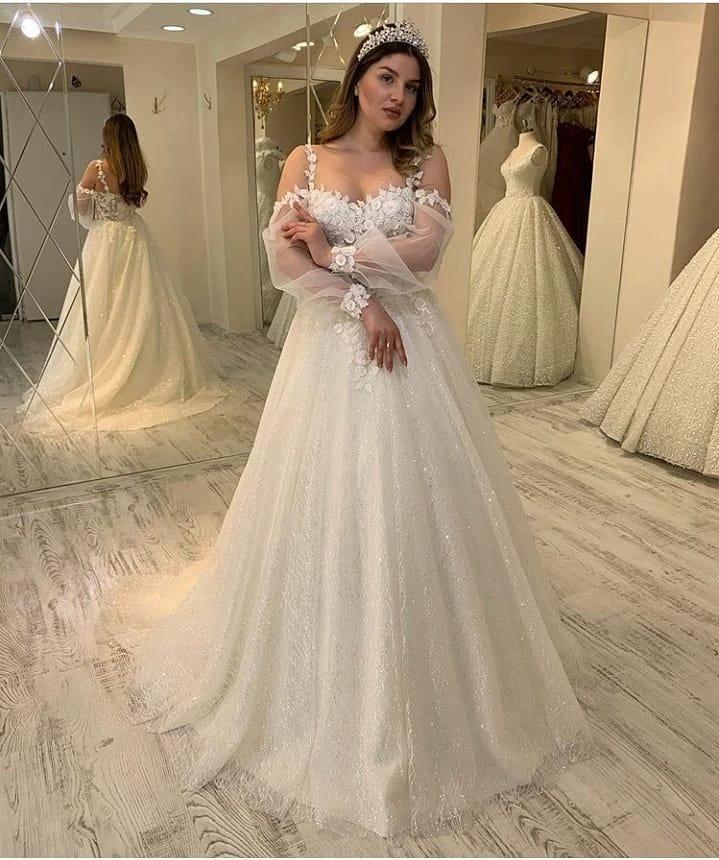 Long A-line Sweetheart Spaghetti Straps Gliiter Wedding Dress with Sleeves