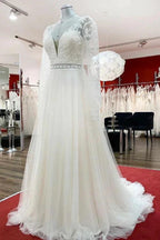 Long A-line Sweetheart Tulle Beadings Lace Appliques Wedding Dresses With Sleeves